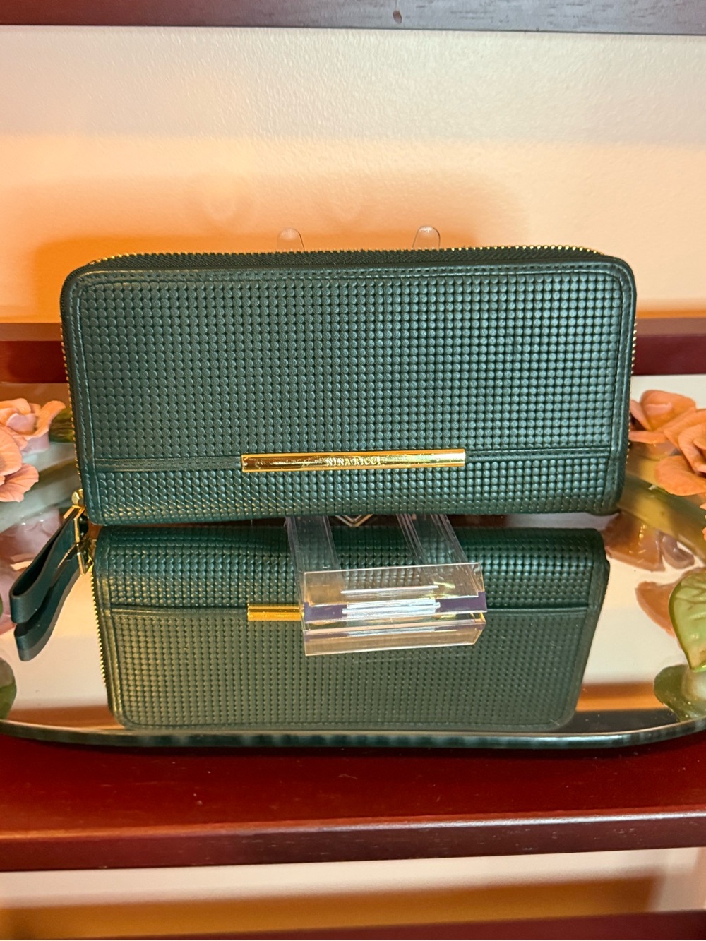 Nina Ricci Dark Green Textured Zip-Around Wallet